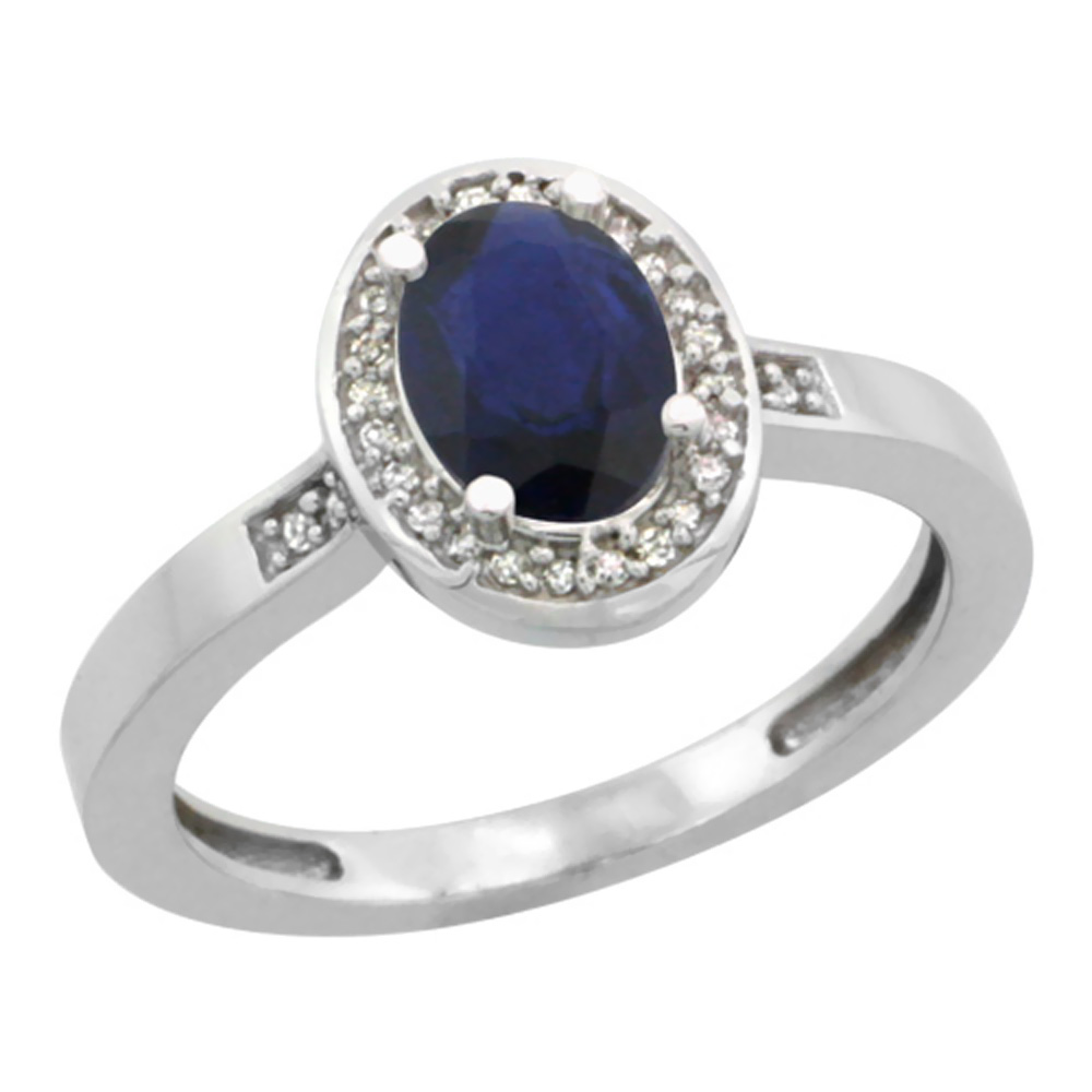 10K White Gold Diamond Natural Blue Sapphire Engagement Ring Oval 7x5mm, sizes 5-10