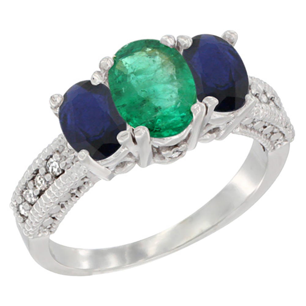 14k White Gold Ladies Oval Natural Emerald 3-Stone Ring with Blue Sapphire Sides Diamond Accent