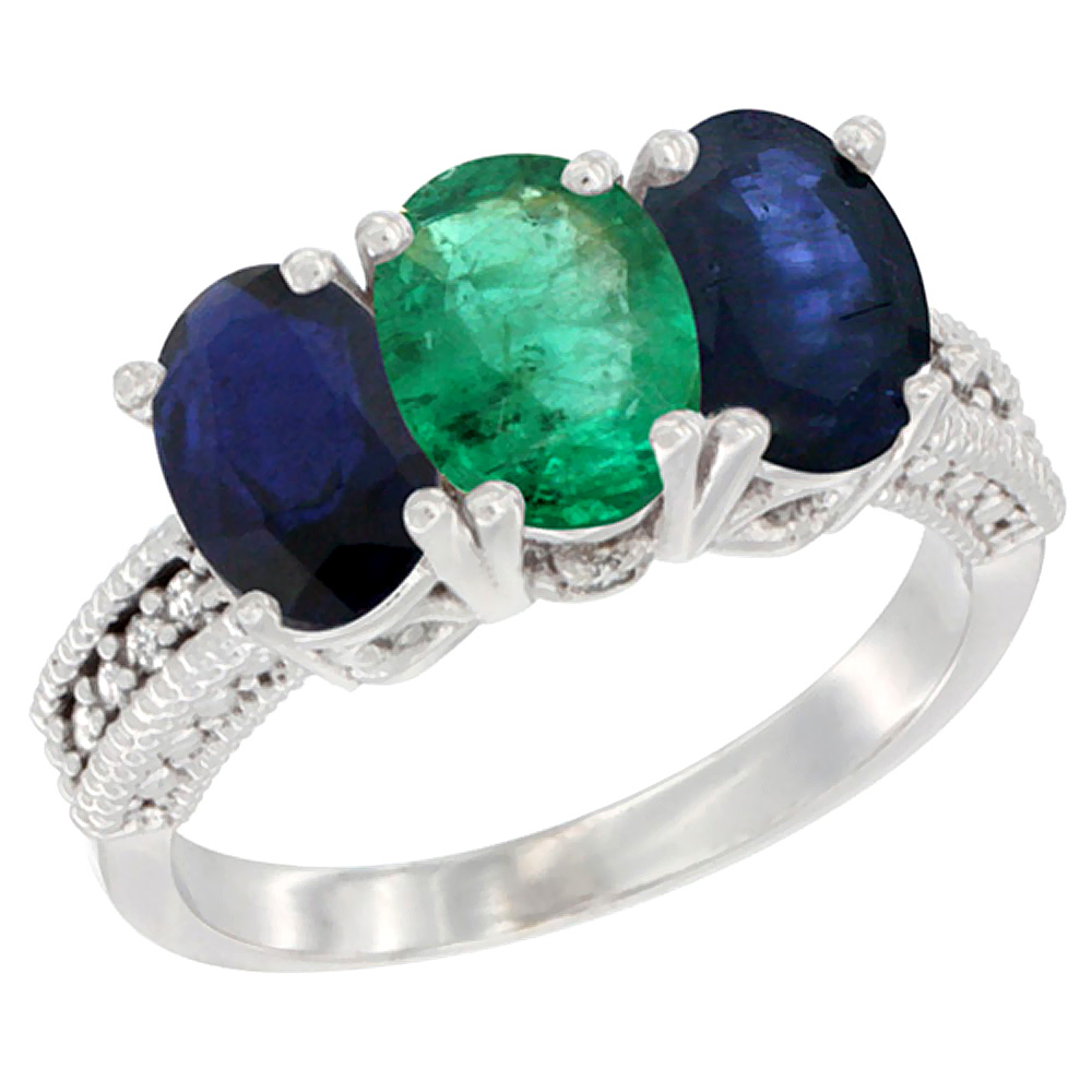 14K White Gold Natural Emerald &amp; Blue Sapphire Sides Ring 3-Stone 7x5 mm Oval Diamond Accent, sizes 5 - 10