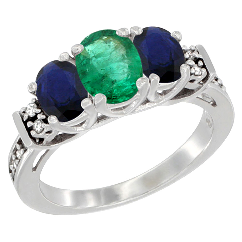 14K White Gold Natural Emerald &amp; Blue Sapphire Ring 3-Stone Oval with Diamond Accent