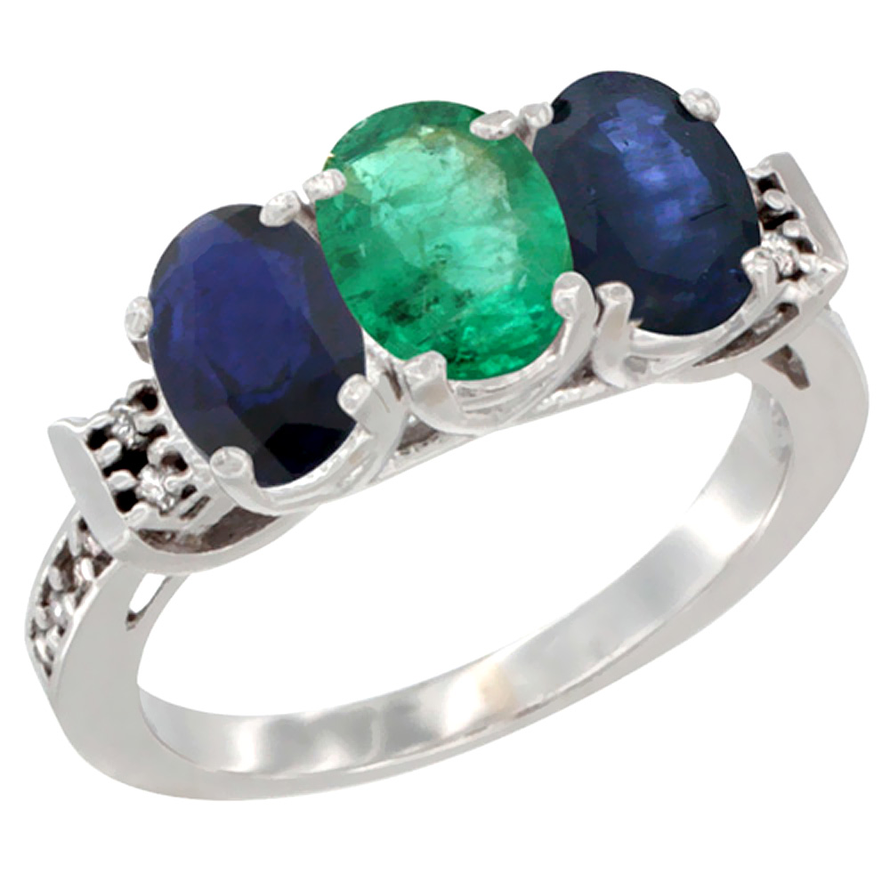 10K White Gold Natural Emerald & Blue Sapphire Sides Ring 3-Stone Oval 7x5 mm Diamond Accent, sizes 5 - 10