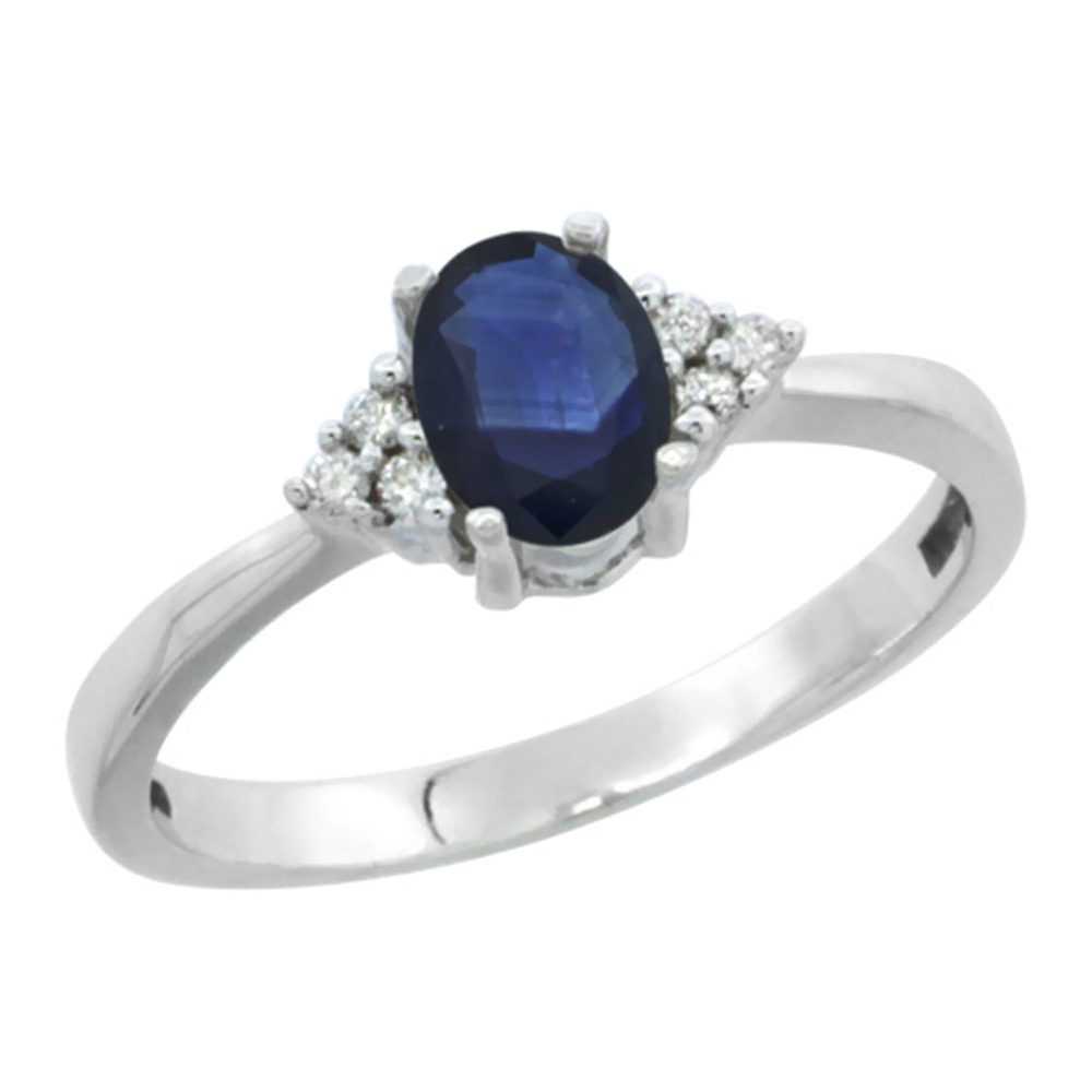 10K White Gold Natural High Quality Blue Sapphire Ring Oval 6x4mm Diamond Accent, sizes 5-10