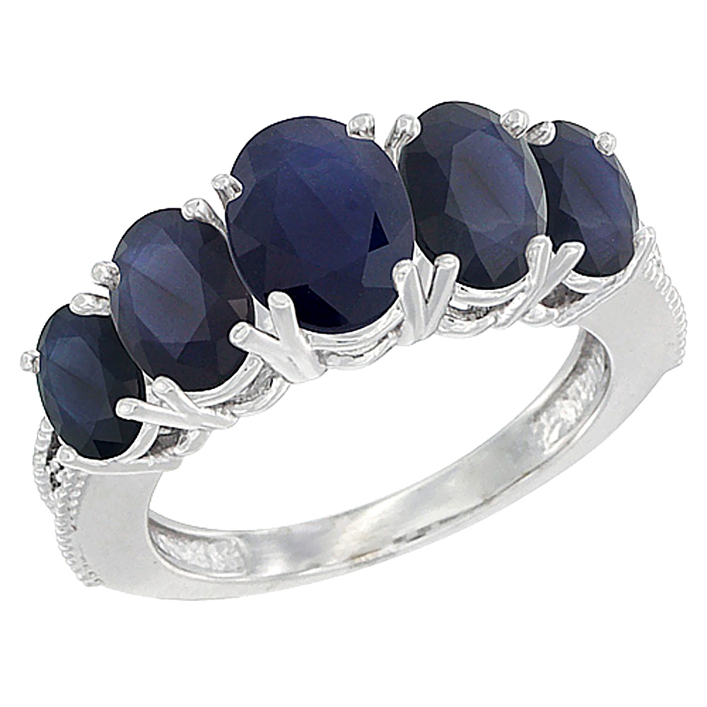 14K White Gold Diamond Natural Blue Sapphire Ring 5-stone Oval 8x6 Ctr,7x5,6x4 sides, sizes 5 - 10