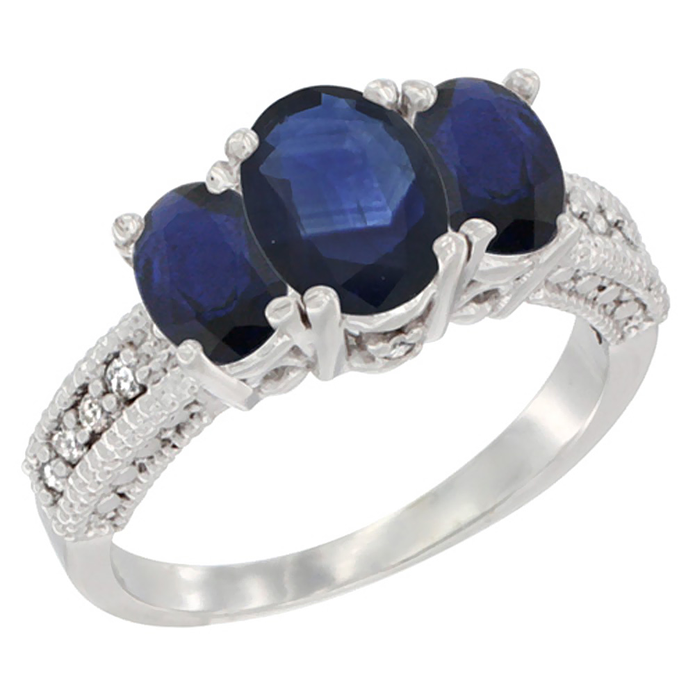 14k White Gold Ladies Oval Natural Blue Sapphire 3-Stone Ring Diamond Accent