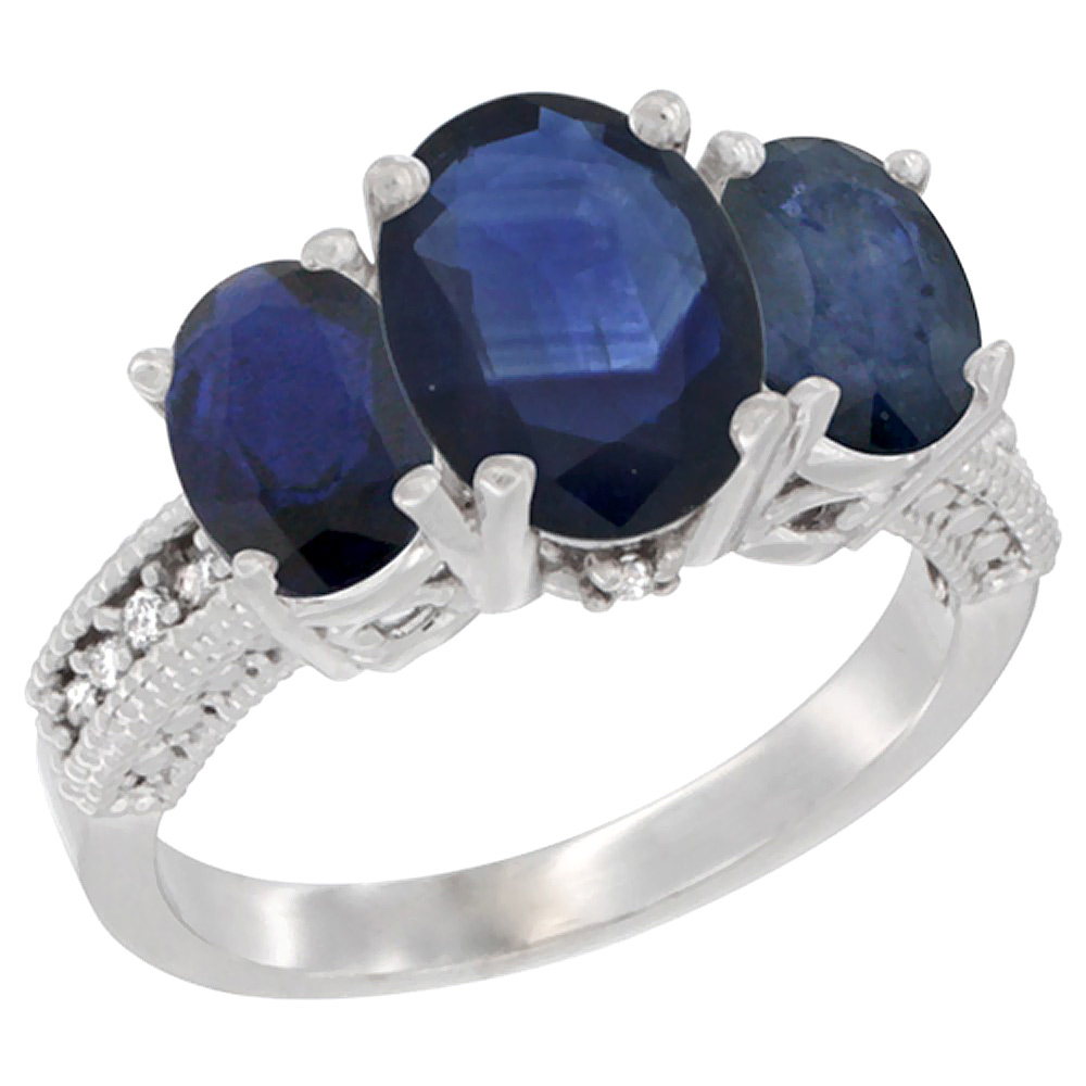 10K White Gold Diamond Natural Blue Sapphire Ring 3-Stone Oval 8x6mm, sizes5-10