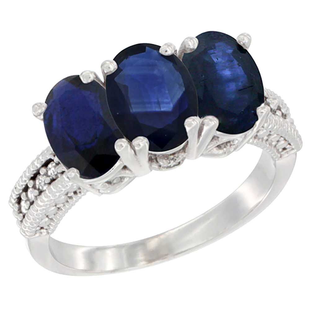14K White Gold Natural Blue Sapphire Ring 3-Stone 7x5 mm Oval Diamond Accent, sizes 5 - 10