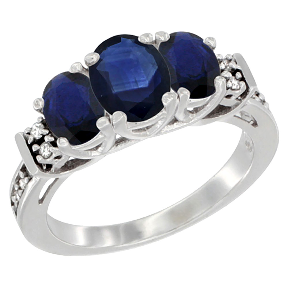 10K White Gold Natural Quality Blue Sapphire 3-stone Mothers Ring Oval Diamond Accent, size 5-10