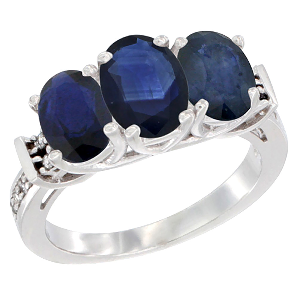 14K White Gold Natural Blue Sapphire Ring 3-Stone Oval Diamond Accent, sizes 5 - 10