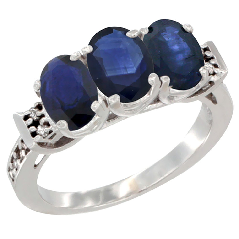 14K White Gold Natural Blue Sapphire Ring 3-Stone Oval 7x5 mm Diamond Accent, sizes 5 - 10