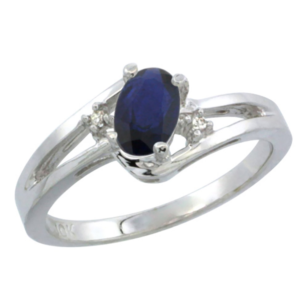 10K White Gold Natural Blue Sapphire Ring Oval 6x4 Stone Diamond Accent, sizes 5-10
