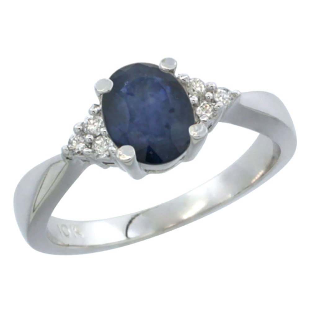 14K White Gold Diamond Natural Blue Sapphire Engagement Ring Oval 7x5mm, sizes 5-10