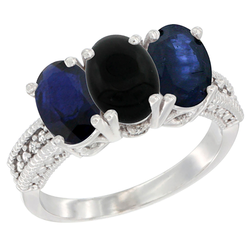 14K White Gold Natural Black Onyx &amp; Blue Sapphire Sides Ring 3-Stone 7x5 mm Oval Diamond Accent, sizes 5 - 10