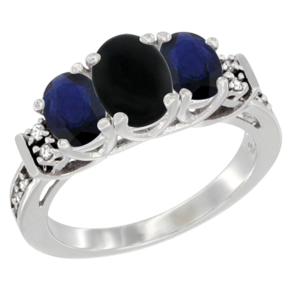 14K White Gold Natural Black Onyx &amp; Quality Blue Sapphire 3-stone Mothers Ring Oval Diamond Accent,sz5-10