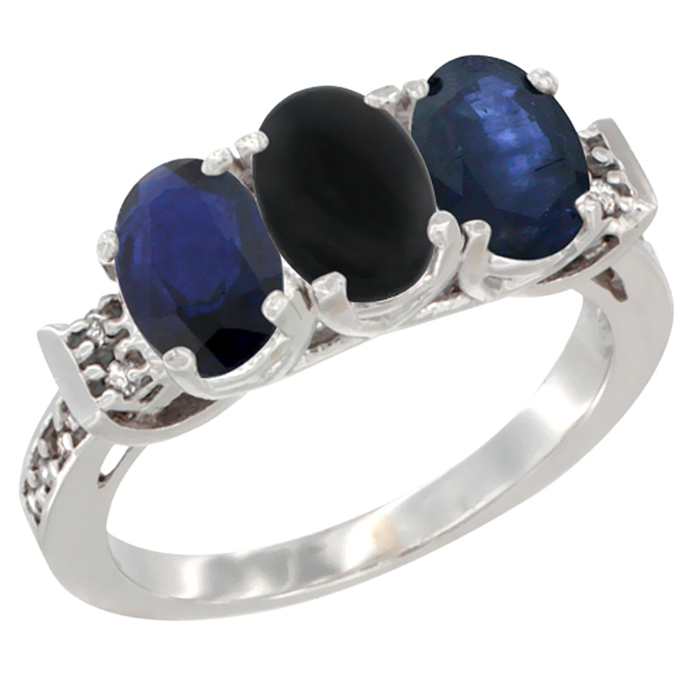 14K White Gold Natural Black Onyx & Blue Sapphire Sides Ring 3-Stone Oval 7x5 mm Diamond Accent, sizes 5 - 10