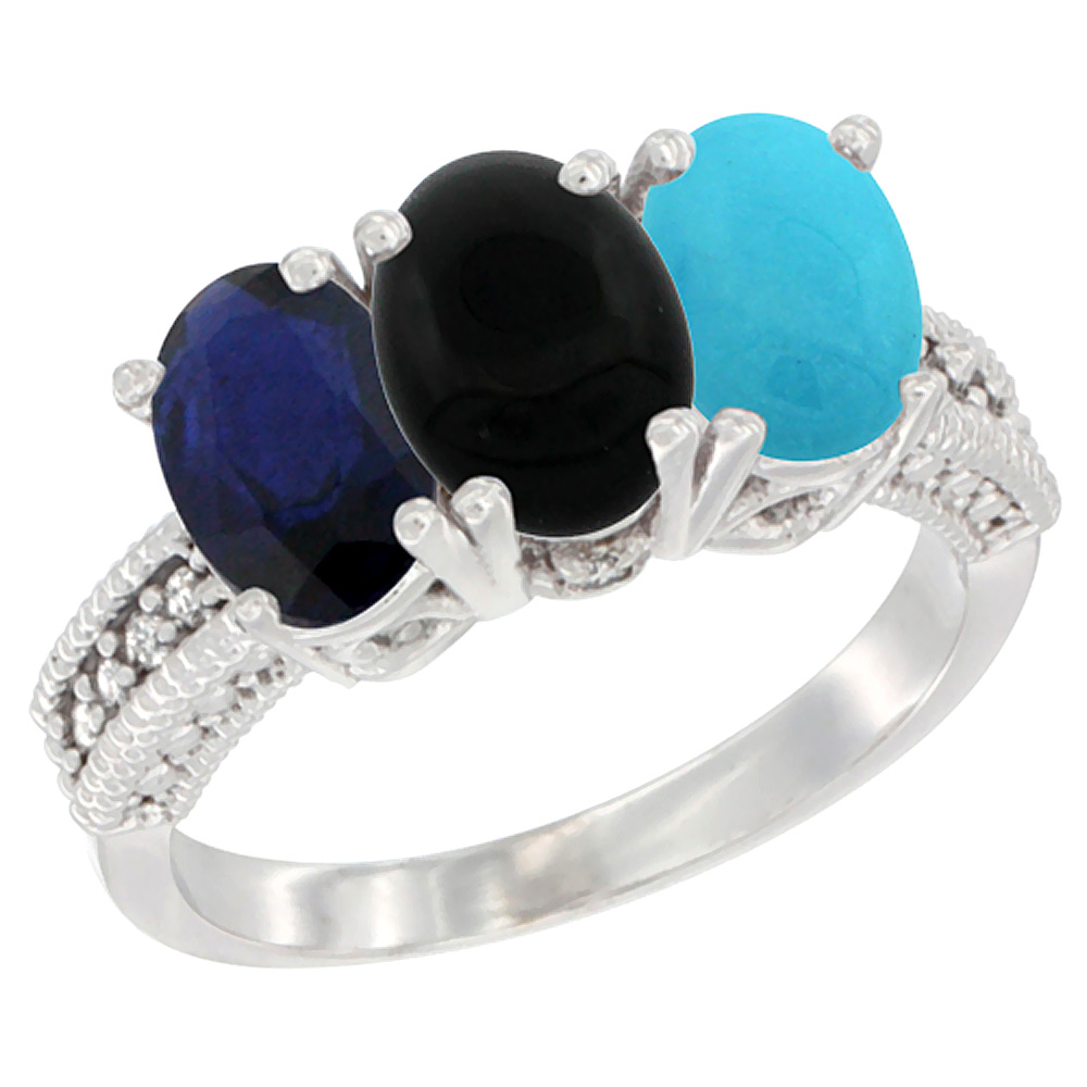 14K White Gold Natural Blue Sapphire, Black Onyx &amp; Turquoise Ring 3-Stone 7x5 mm Oval Diamond Accent, sizes 5 - 10