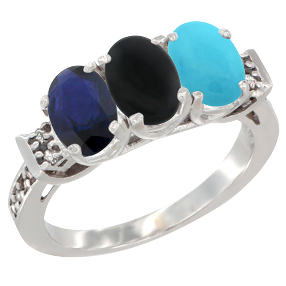 10K White Gold Natural Blue Sapphire, Black Onyx & Turquoise Ring 3-Stone Oval 7x5 mm Diamond Accent, sizes 5 - 10