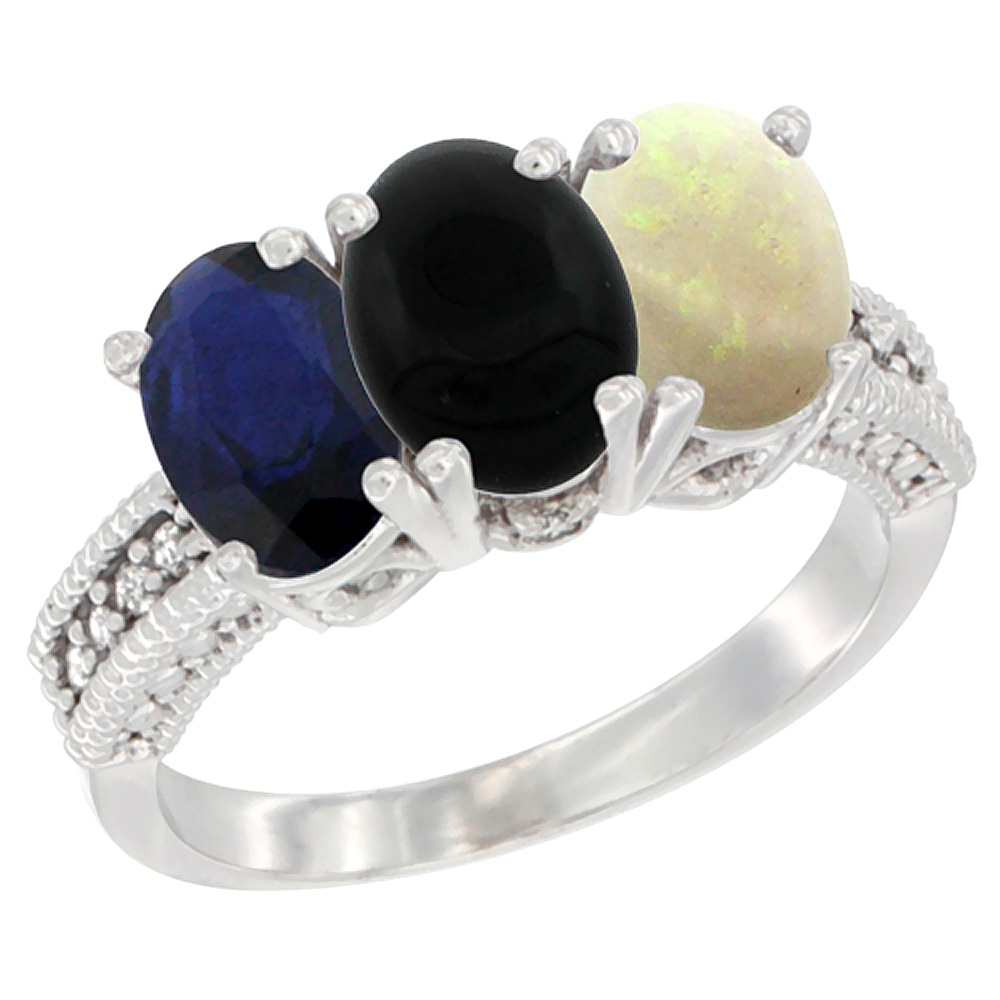14K White Gold Natural Blue Sapphire, Black Onyx &amp; Opal Ring 3-Stone 7x5 mm Oval Diamond Accent, sizes 5 - 10
