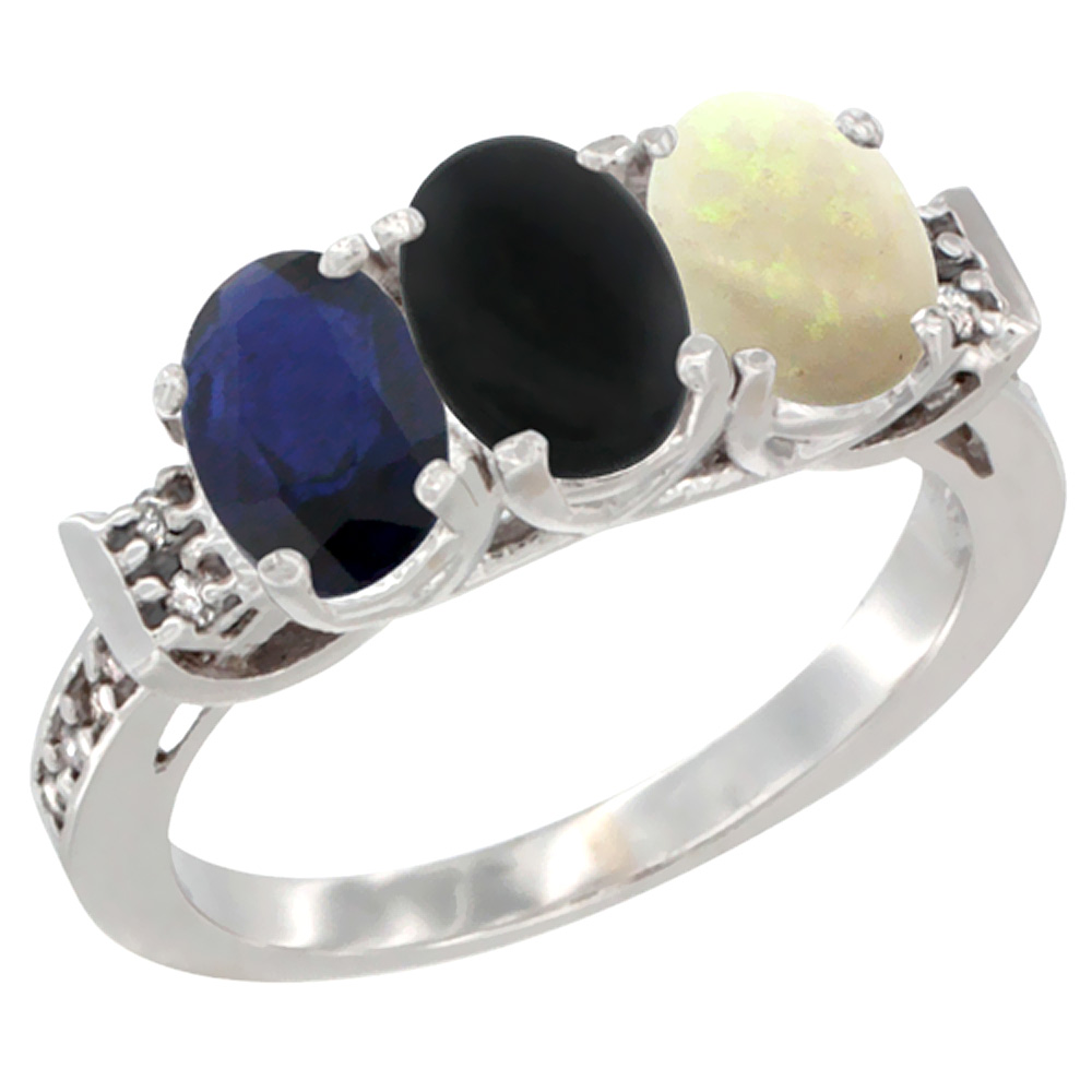 10K White Gold Natural Blue Sapphire, Black Onyx & Opal Ring 3-Stone Oval 7x5 mm Diamond Accent, sizes 5 - 10