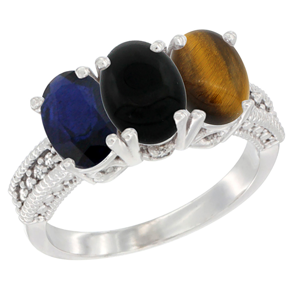 14K White Gold Natural Blue Sapphire, Black Onyx &amp; Tiger Eye Ring 3-Stone 7x5 mm Oval Diamond Accent, sizes 5 - 10