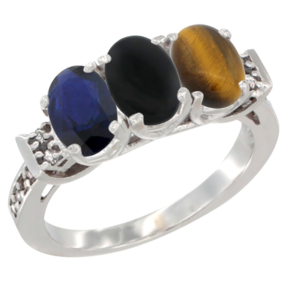 14K White Gold Natural Blue Sapphire, Black Onyx &amp; Tiger Eye Ring 3-Stone Oval 7x5 mm Diamond Accent, sizes 5 - 10