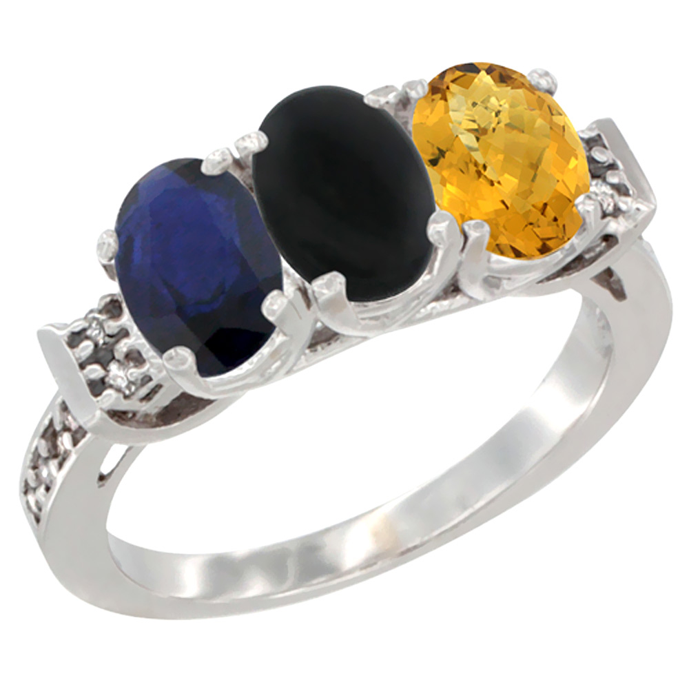 14K White Gold Natural Blue Sapphire, Black Onyx & Whisky Quartz Ring 3-Stone Oval 7x5 mm Diamond Accent, sizes 5 - 10