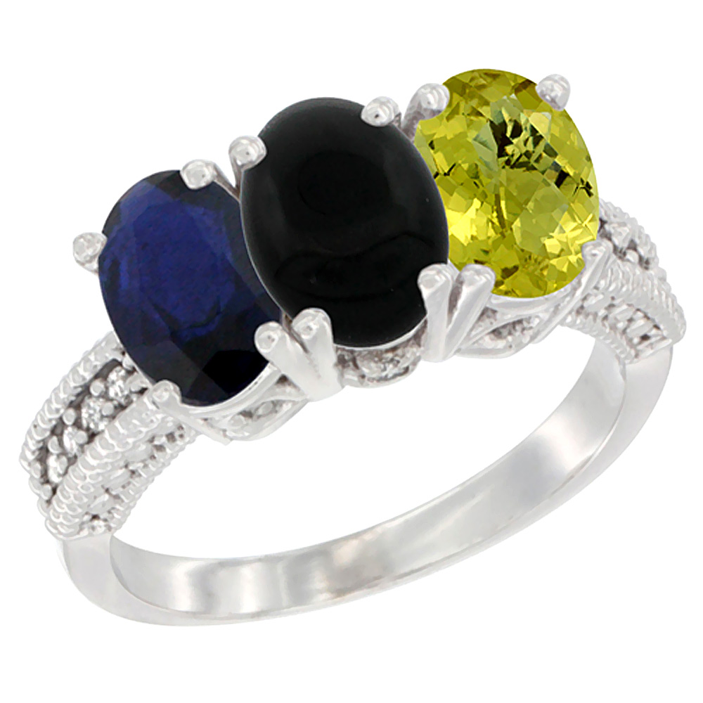 14K White Gold Natural Blue Sapphire, Black Onyx &amp; Lemon Quartz Ring 3-Stone 7x5 mm Oval Diamond Accent, sizes 5 - 10