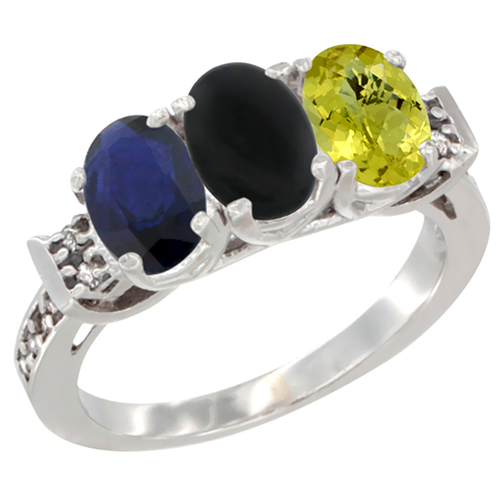 14K White Gold Natural Blue Sapphire, Black Onyx &amp; Lemon Quartz Ring 3-Stone Oval 7x5 mm Diamond Accent, sizes 5 - 10