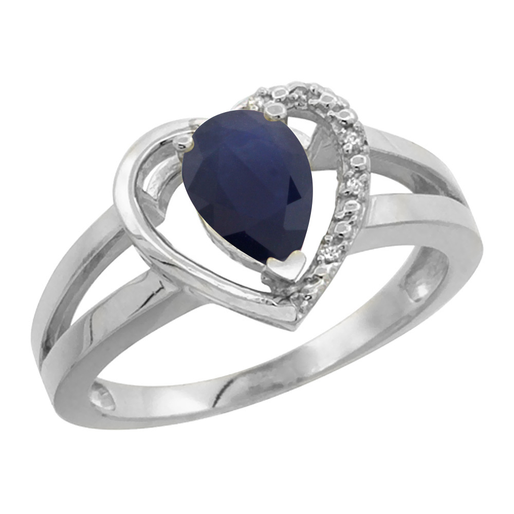 10K White Gold Natural Blue Sapphire Heart Ring Pear 7x5 mm Diamond Accent, sizes 5-10