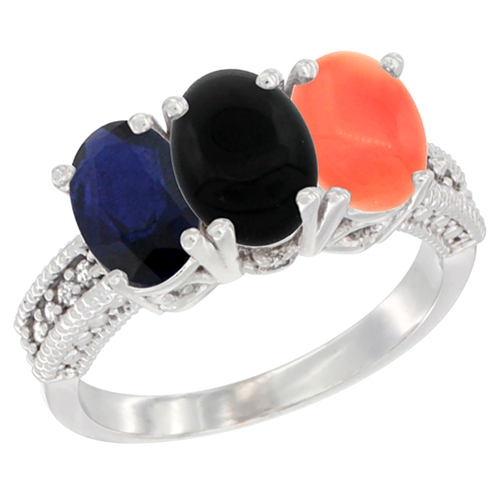 14K White Gold Natural Blue Sapphire, Black Onyx & Coral Ring 3-Stone 7x5 mm Oval Diamond Accent, sizes 5 - 10