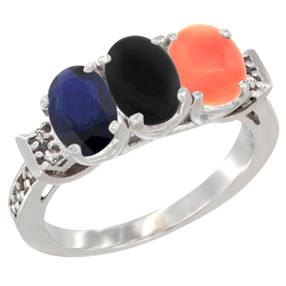 10K White Gold Natural Blue Sapphire, Black Onyx & Coral Ring 3-Stone Oval 7x5 mm Diamond Accent, sizes 5 - 10