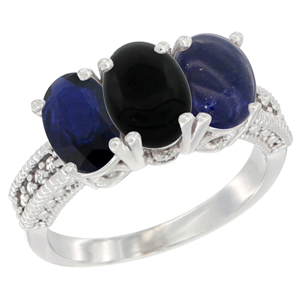 10K White Gold Diamond Natural Blue Sapphire, Black Onyx & Lapis Ring 3-Stone 7x5 mm Oval, sizes 5 - 10