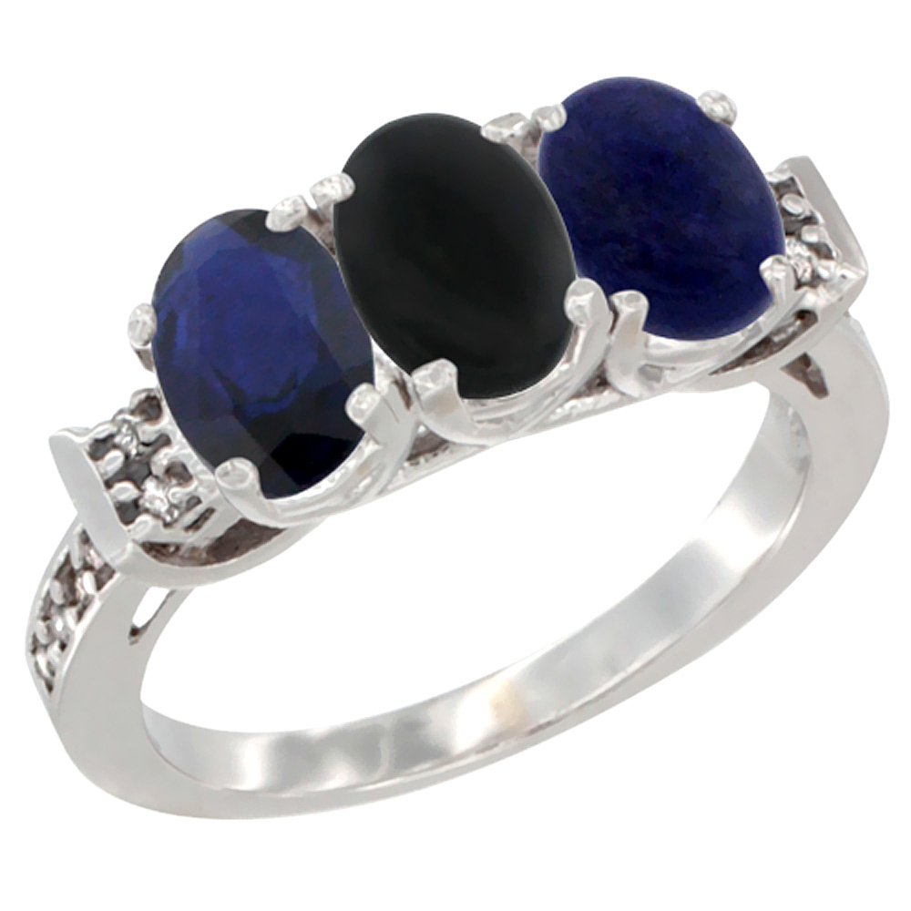 14K White Gold Natural Blue Sapphire, Black Onyx & Lapis Ring 3-Stone Oval 7x5 mm Diamond Accent, sizes 5 - 10