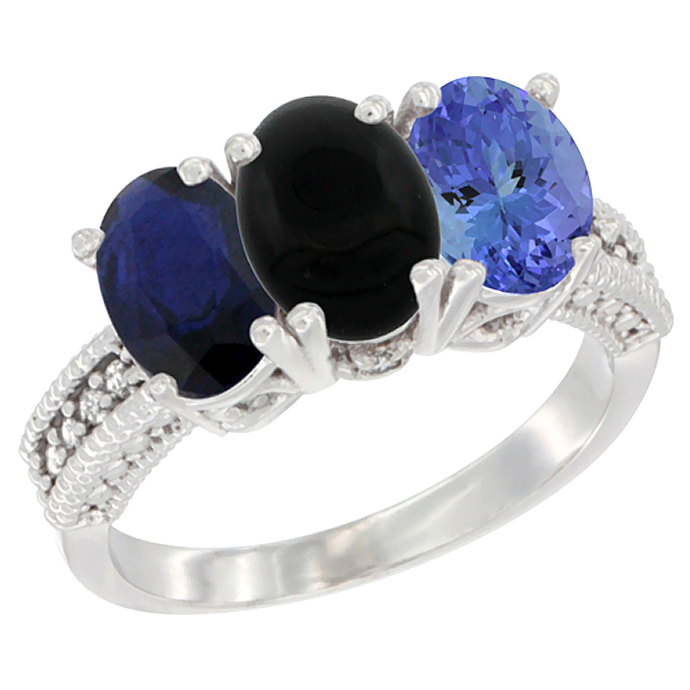 14K White Gold Natural Blue Sapphire, Black Onyx &amp; Tanzanite Ring 3-Stone 7x5 mm Oval Diamond Accent, sizes 5 - 10