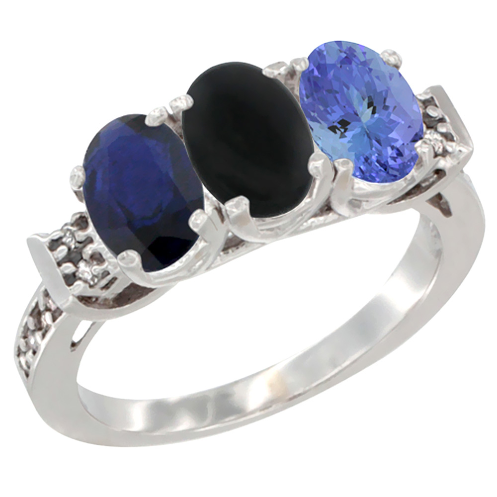 14K White Gold Natural Blue Sapphire, Black Onyx &amp; Tanzanite Ring 3-Stone Oval 7x5 mm Diamond Accent, sizes 5 - 10