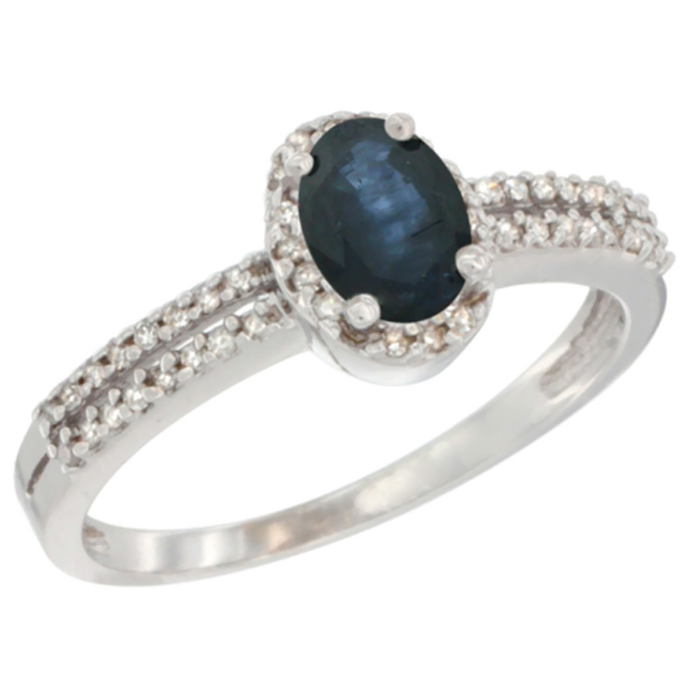 10K White Gold Diamond Natural Quality Blue Sapphire Engagement Ring Oval 6x4mm , size 5-10