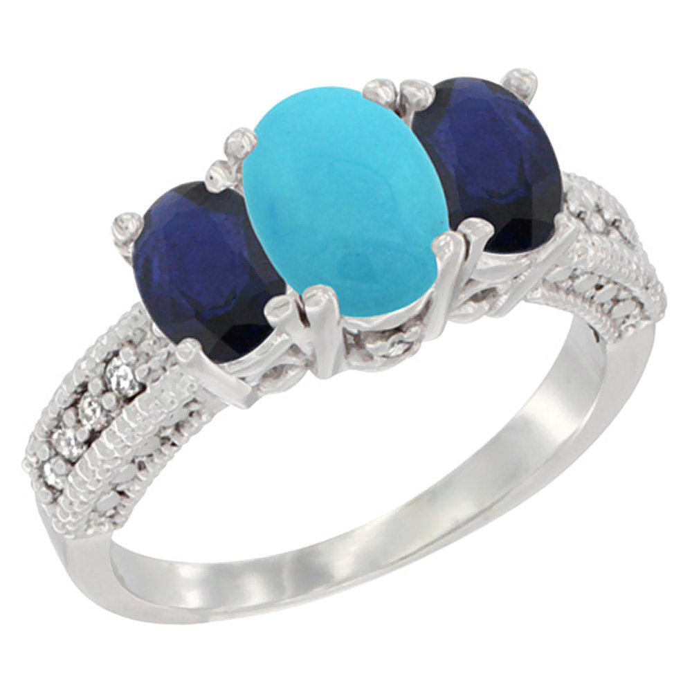 10K White Gold Ladies Oval Natural Turquoise Ring 3-stone with Blue Sapphire Sides Diamond Accent