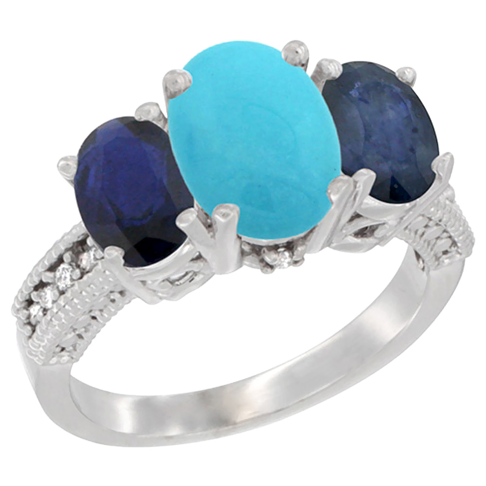 14K White Gold Diamond Natural Turquoise Ring 3-Stone Oval 8x6mm with Blue Sapphire, sizes5-10
