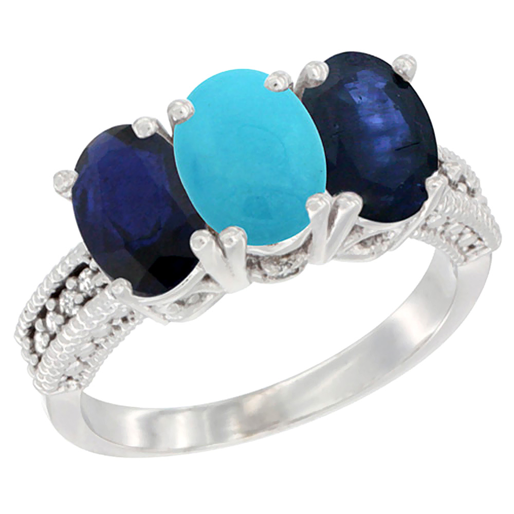 14K White Gold Natural Turquoise &amp; Blue Sapphire Sides Ring 3-Stone 7x5 mm Oval Diamond Accent, sizes 5 - 10