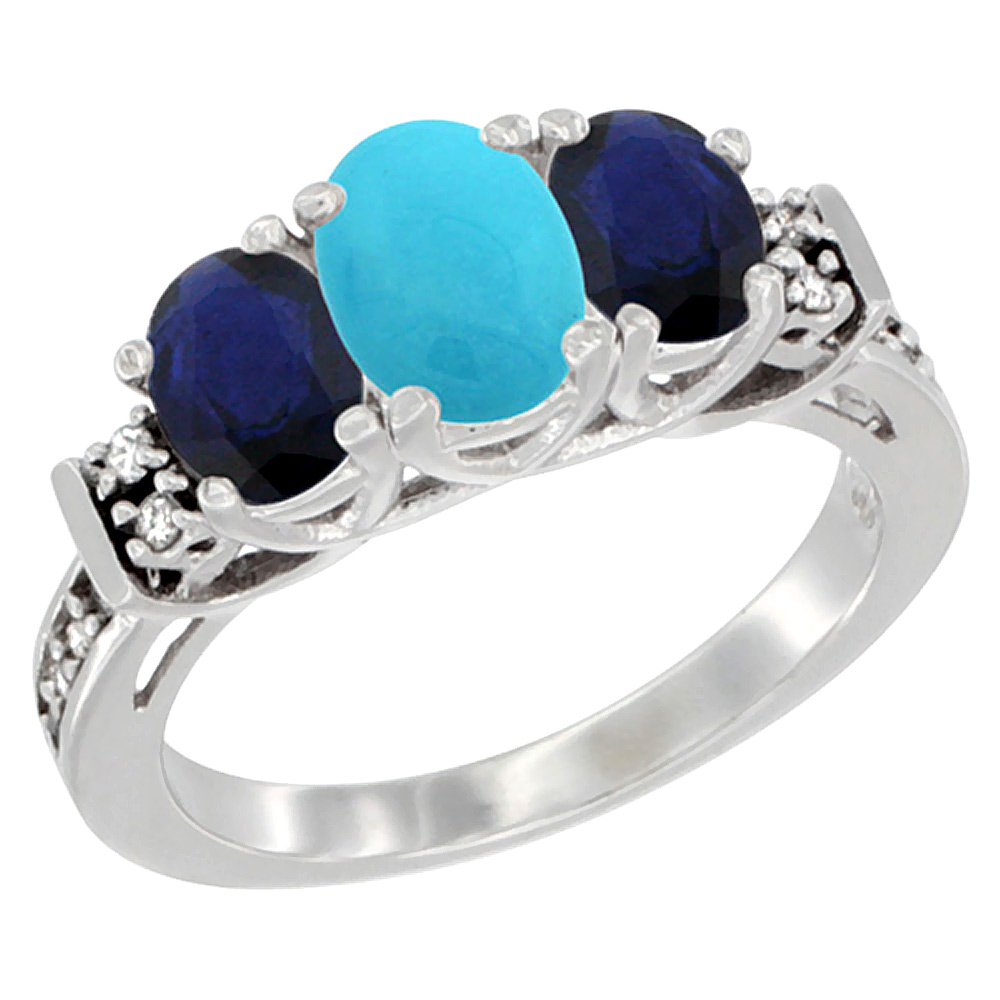 10K White Gold Natural Turquoise &amp; Quality Blue Sapphire 3-stone Mothers Ring Oval Diamond Accent, sz5-10