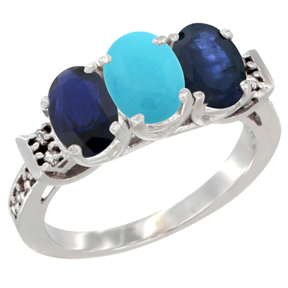 10K White Gold Natural Turquoise &amp; Blue Sapphire Sides Ring 3-Stone Oval 7x5 mm Diamond Accent, sizes 5 - 10