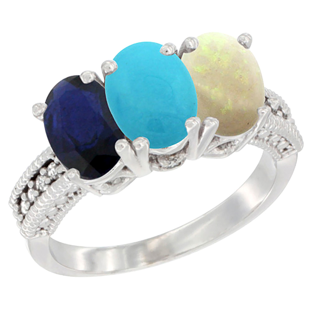 14K White Gold Natural Blue Sapphire, Turquoise &amp; Opal Ring 3-Stone 7x5 mm Oval Diamond Accent, sizes 5 - 10
