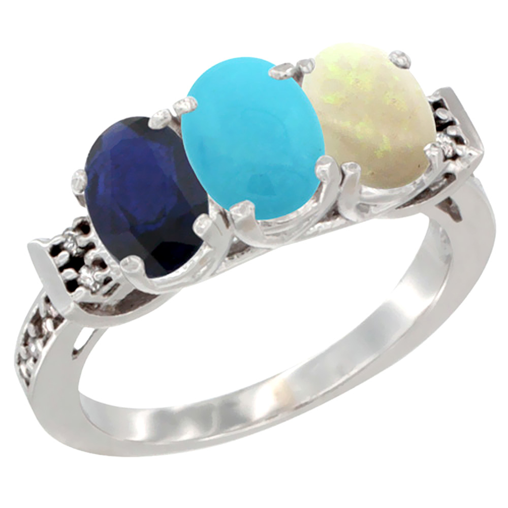 10K White Gold Natural Blue Sapphire, Turquoise & Opal Ring 3-Stone Oval 7x5 mm Diamond Accent, sizes 5 - 10