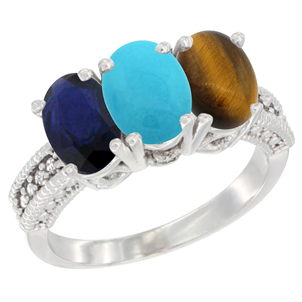 14K White Gold Natural Blue Sapphire, Turquoise & Tiger Eye Ring 3-Stone 7x5 mm Oval Diamond Accent, sizes 5 - 10