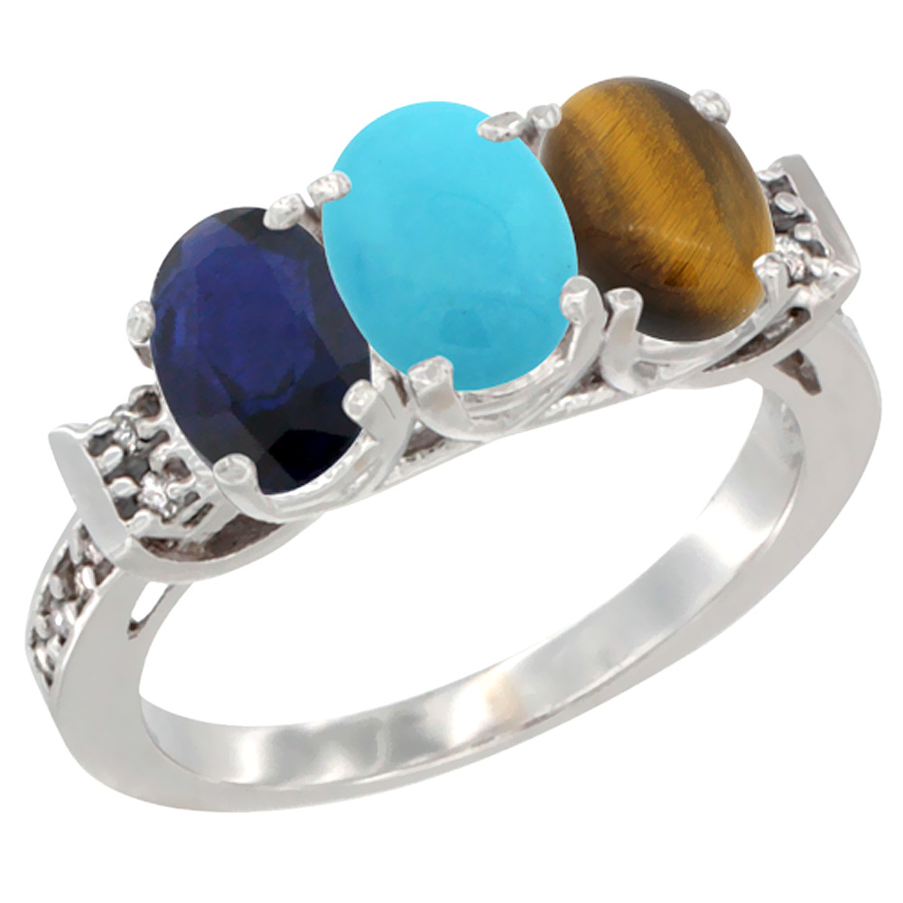 14K White Gold Natural Blue Sapphire, Turquoise &amp; Tiger Eye Ring 3-Stone Oval 7x5 mm Diamond Accent, sizes 5 - 10