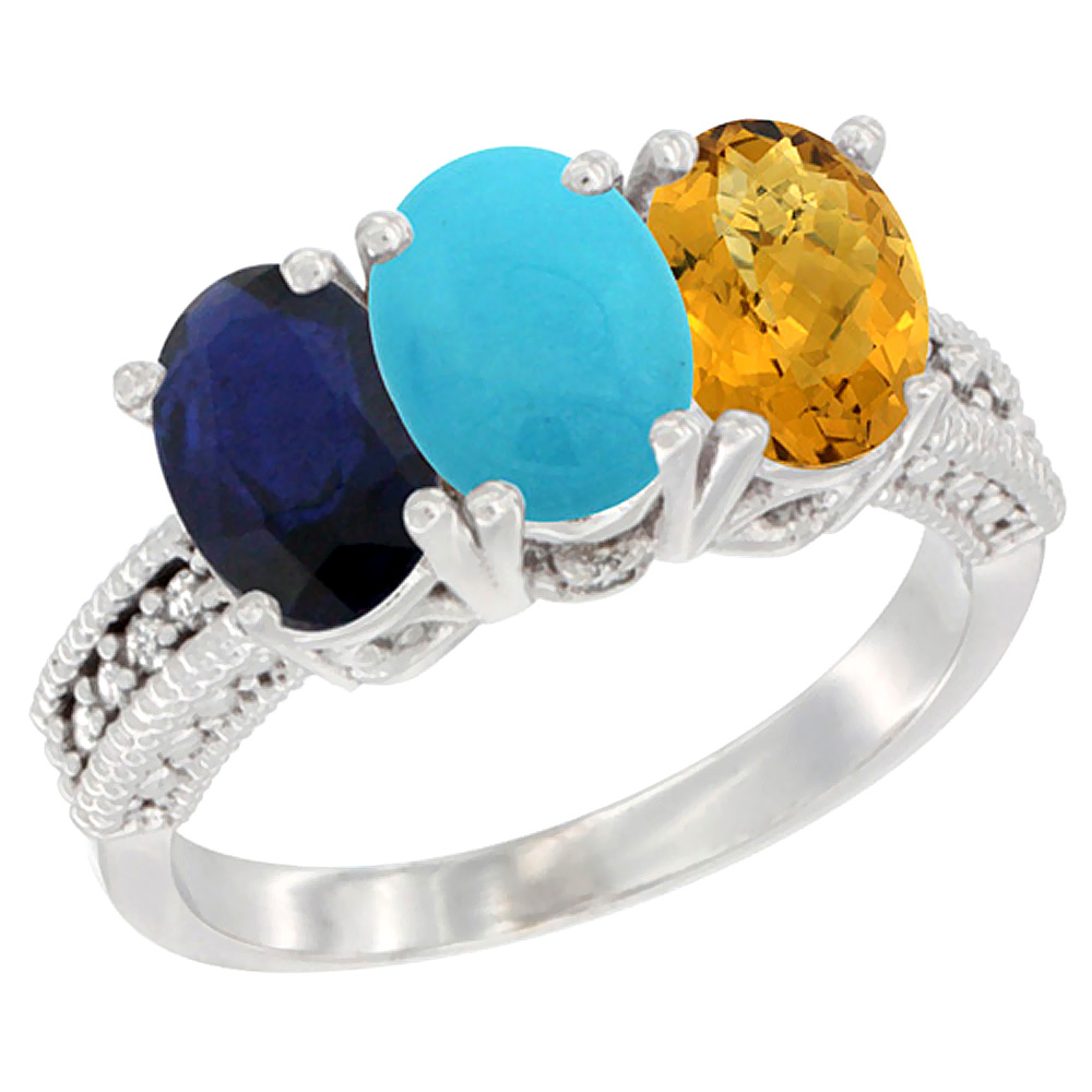 14K White Gold Natural Blue Sapphire, Turquoise &amp; Whisky Quartz Ring 3-Stone 7x5 mm Oval Diamond Accent, sizes 5 - 10