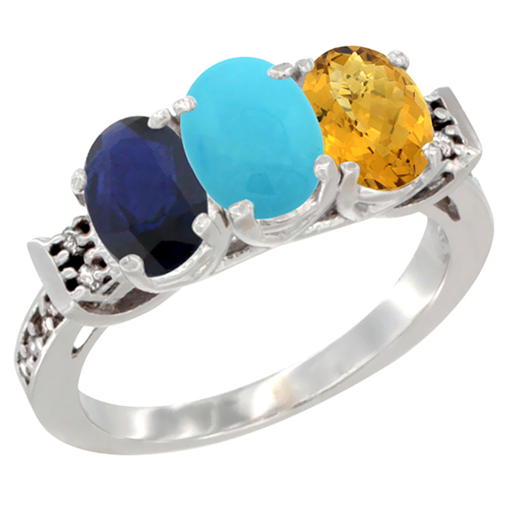 14K White Gold Natural Blue Sapphire, Turquoise &amp; Whisky Quartz Ring 3-Stone Oval 7x5 mm Diamond Accent, sizes 5 - 10