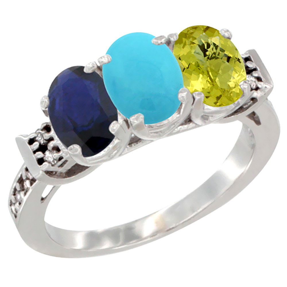 14K White Gold Natural Blue Sapphire, Turquoise &amp; Lemon Quartz Ring 3-Stone Oval 7x5 mm Diamond Accent, sizes 5 - 10