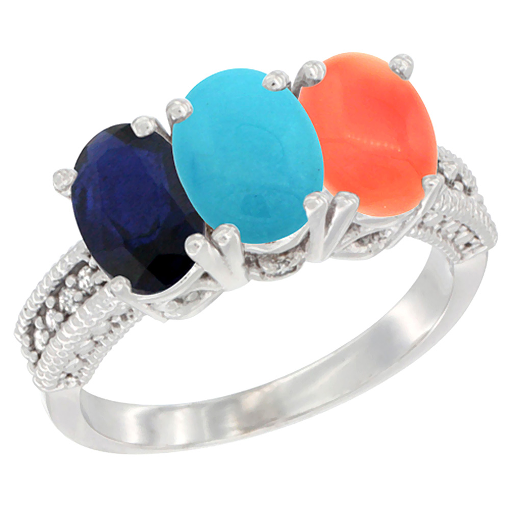 14K White Gold Natural Blue Sapphire, Turquoise & Coral Ring 3-Stone 7x5 mm Oval Diamond Accent, sizes 5 - 10