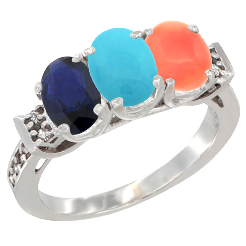 10K White Gold Natural Blue Sapphire, Turquoise & Coral Ring 3-Stone Oval 7x5 mm Diamond Accent, sizes 5 - 10