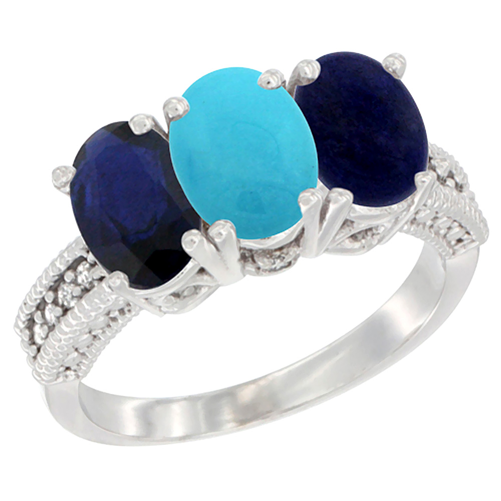 14K White Gold Natural Blue Sapphire, Turquoise &amp; Lapis Ring 3-Stone 7x5 mm Oval Diamond Accent, sizes 5 - 10